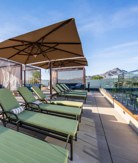 Rows of green outdoor reclining chairs sit under shade umbrellas