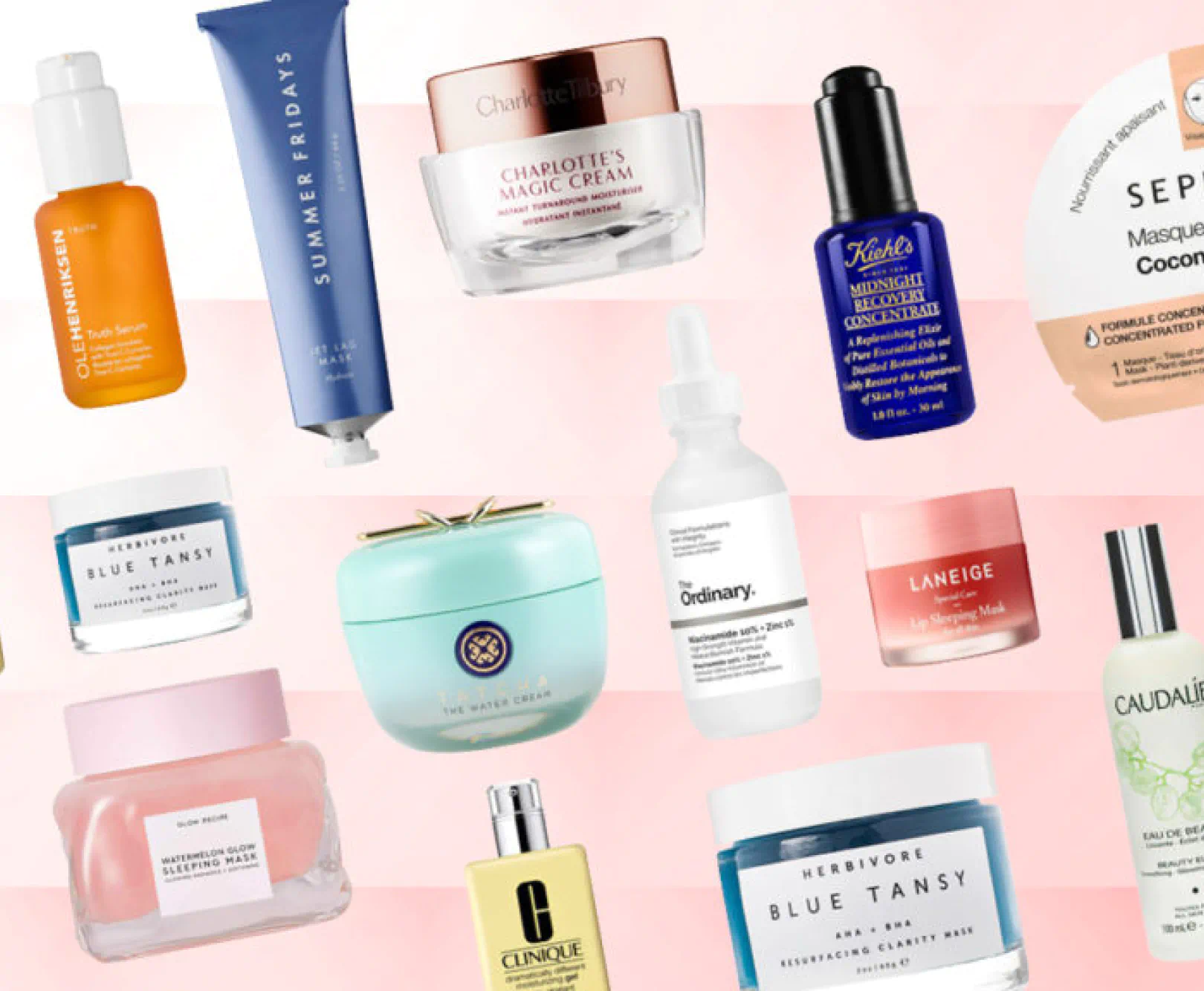 A collection of lotions and makeup float in a line, accented by a pink lined backdrop.