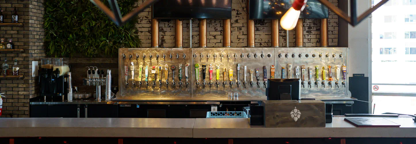 View of many draft beer handles on a bushed metal wall behind a bar.