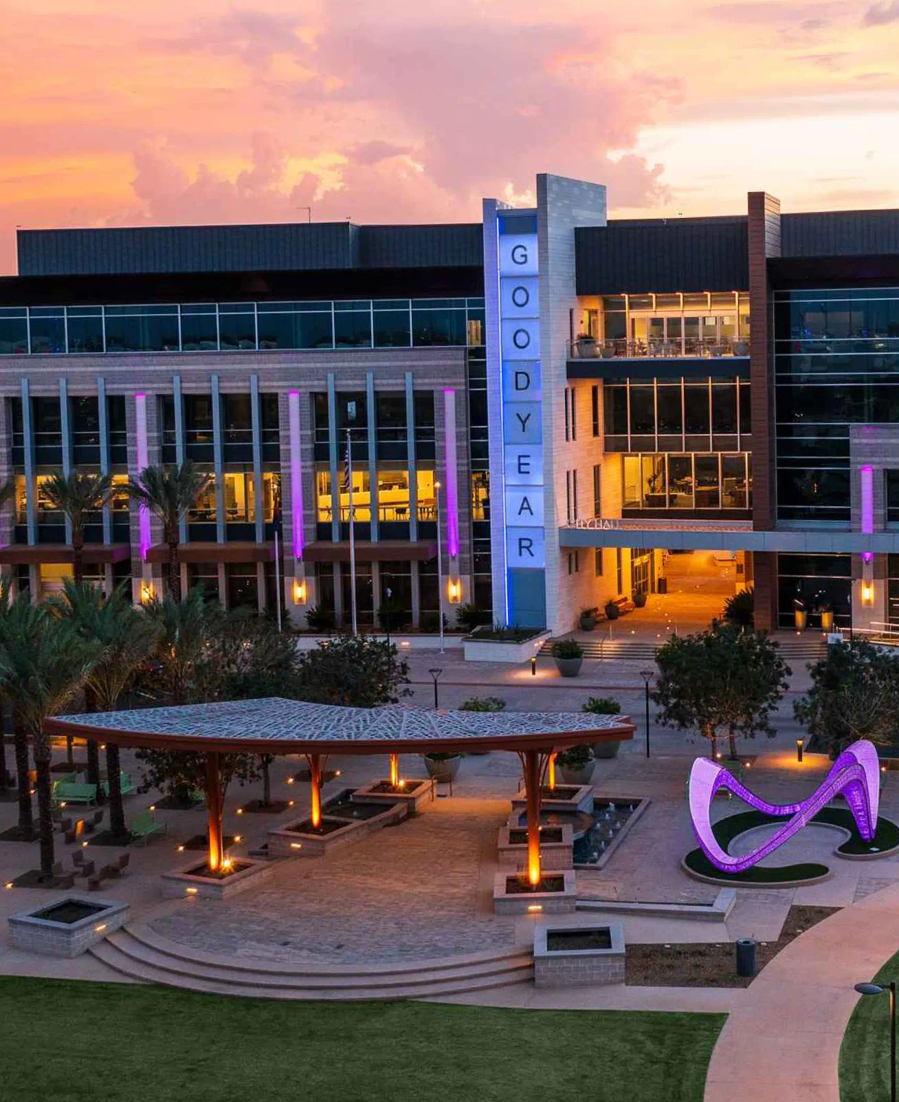 An aerial view of the GSQ entrance showcasing the GOODYEAR sign.