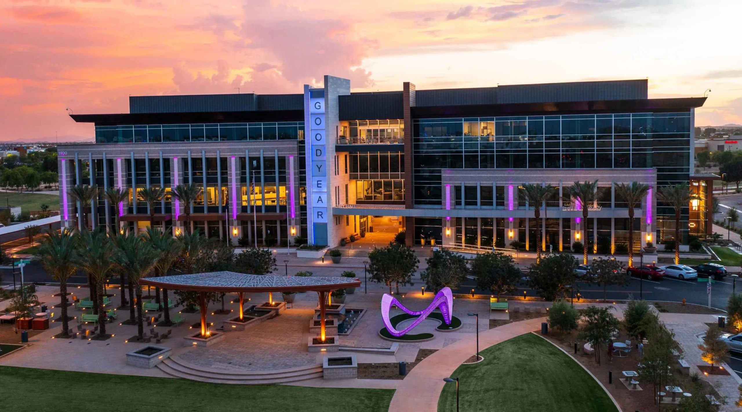 An aerial view of the GSQ entrance showcasing the GOODYEAR sign.