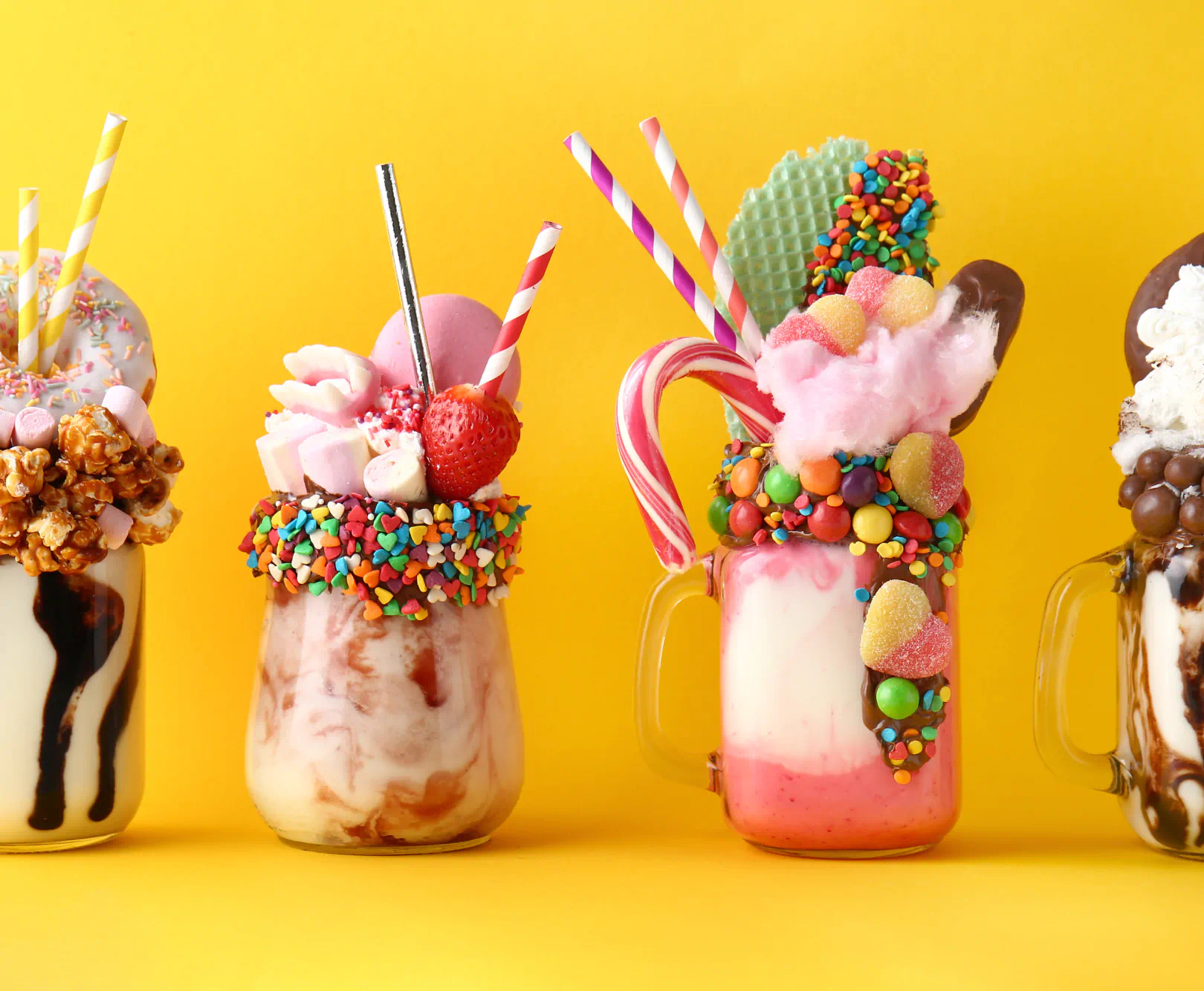 Four extravagant milkshakes in glass jars with various colorful toppings against a bright yellow background.