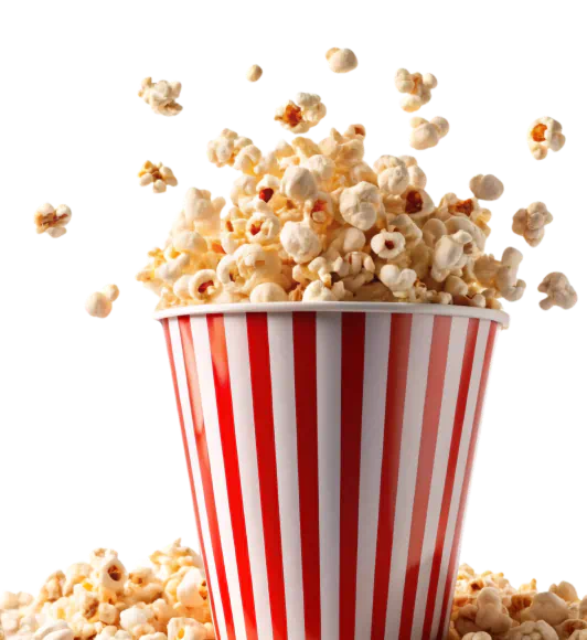 Popcorn in red and white striped tub.