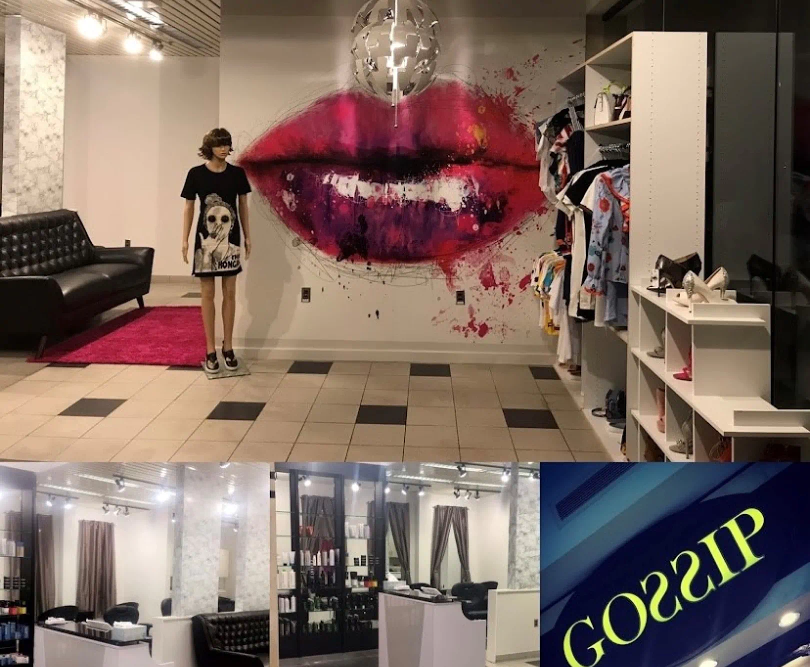 Retail and salon space with large magenta lips mural; salon interior with black and white furniture; neon sign reading "GOSSIP" with the "S"s facing backwards.