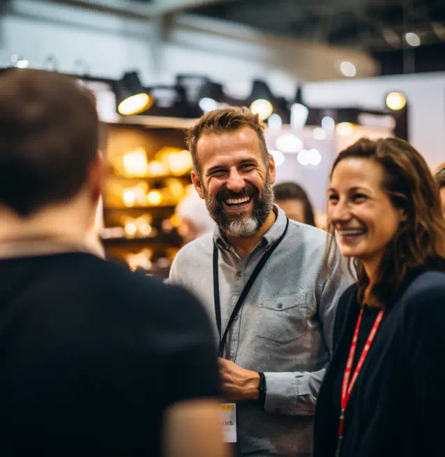 Three professionals stand laughing in conversation with identifying lanyards and bright showroom lights in the background.