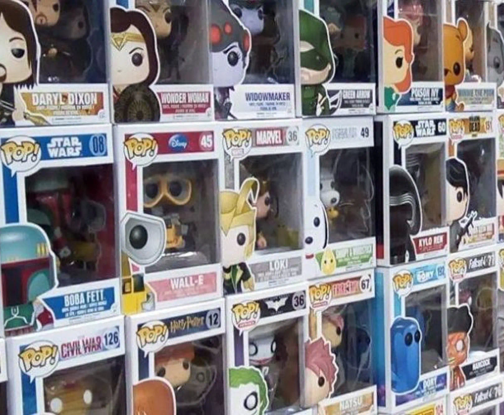 a stacked display of various Funko POP! figures