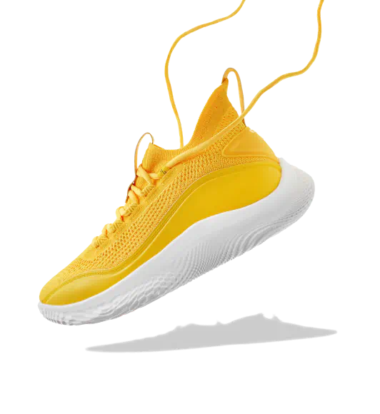 A yellow running shoe with a white sole and loose laces.