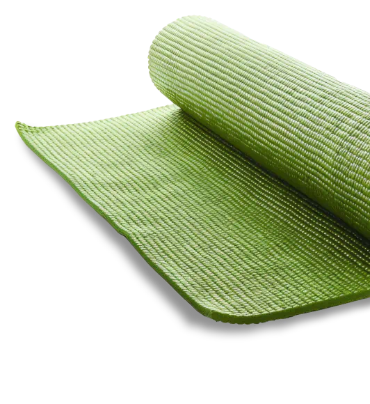 A green yoga mat slightly unrolled.