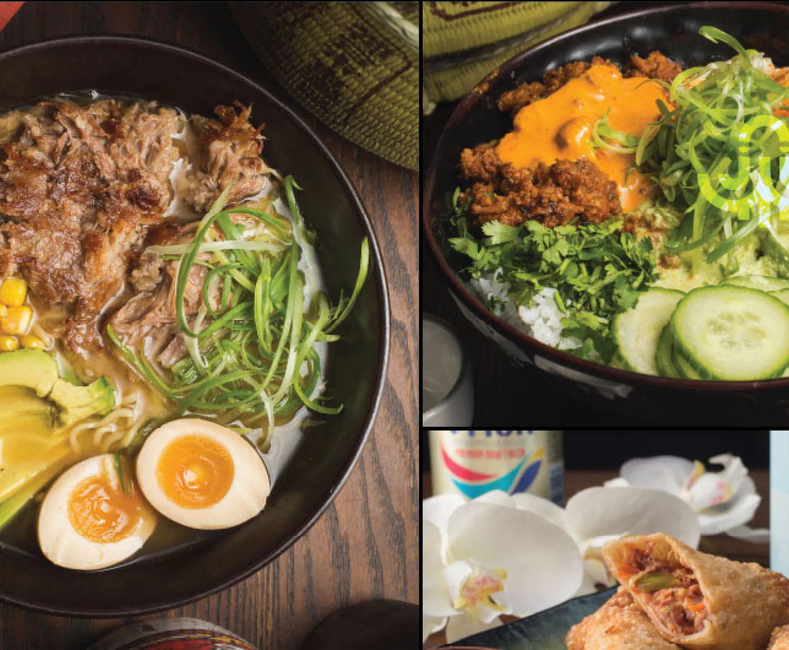 Collage of ramen, a rice bowl with toppings, and a spring roll on a dark plate.