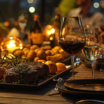 Steak and potatoes sit on a black plate in a dimly lit restaurant. They are served with red and white wine.