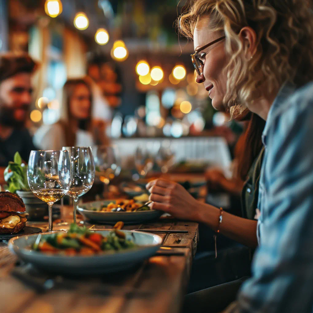 A woman sits at a table with wineglasses, plates of vibrant food, and friends. Blurred lights and interior of the restaurant behind her.