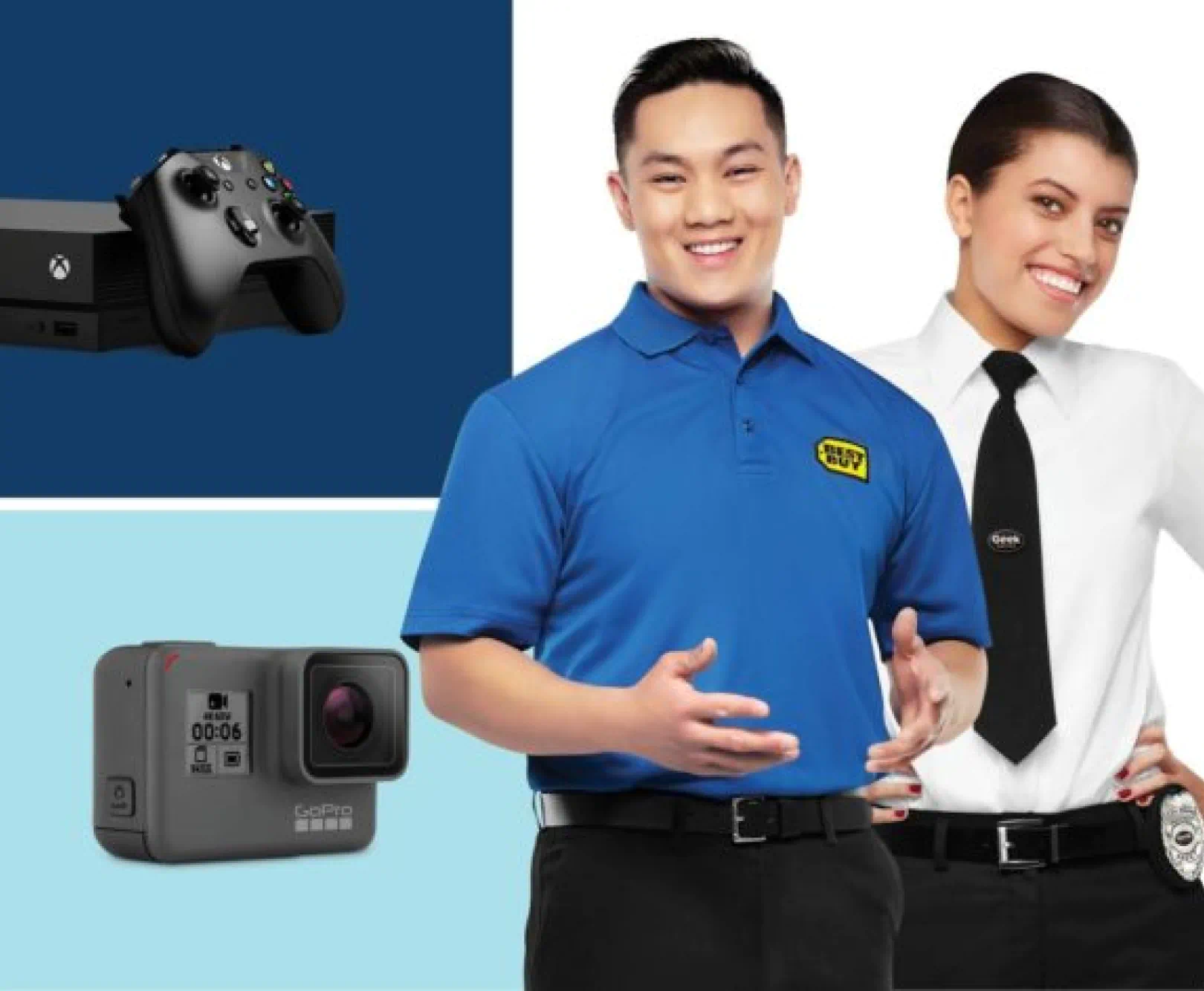 Two Best Buy employees smile next two an Xbox One console and GoPro Hero Camera.