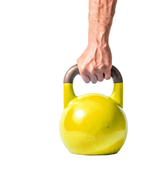 A hand grips a yellow kettle bell tightly.